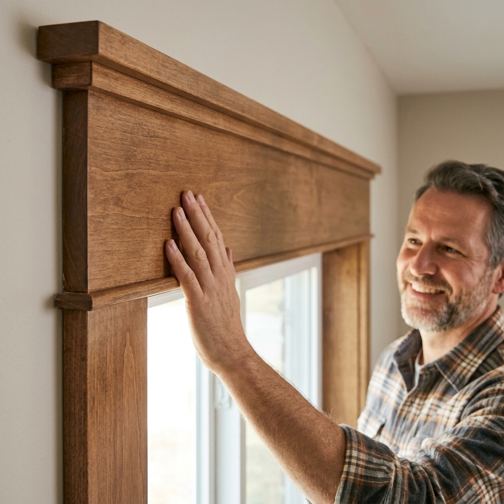 A Craftsman window head casing with a small top cap piece and mitered returns glued in place