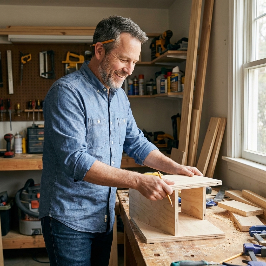 A DIYer dry-fitting plywood parts for built-in shelves on a workbench in a garage