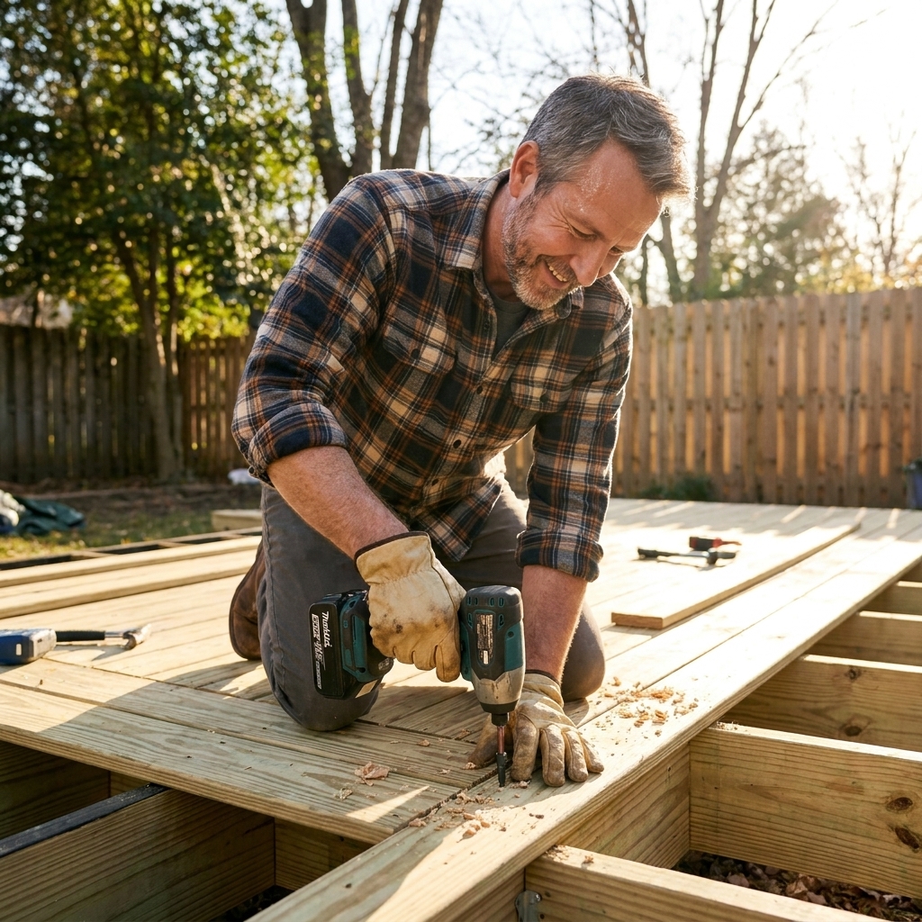 A DIYer fastening pressure-treated deck boards to joists with an impact driver on a sunny backyard afternoon