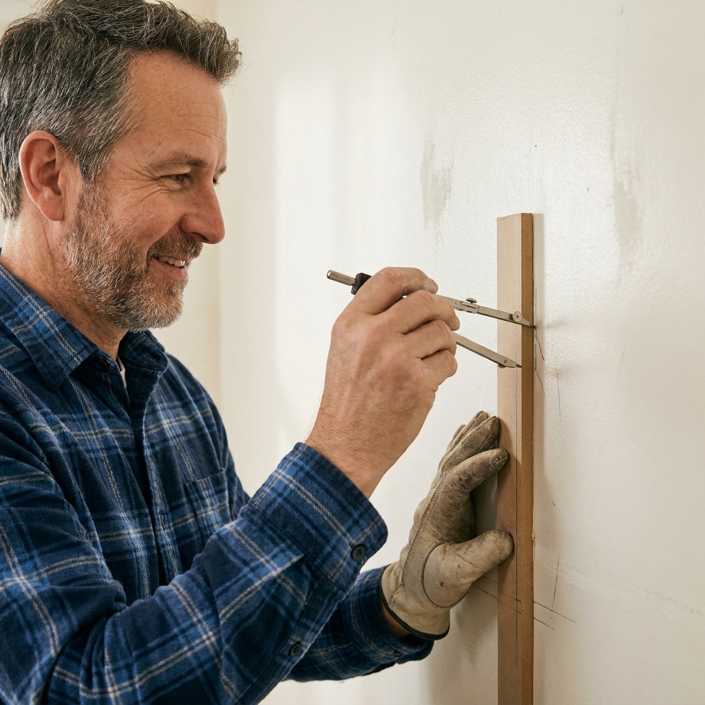 A DIYer holding a pencil compass against a slightly uneven painted wall to scribe a line onto a narrow MDF filler strip