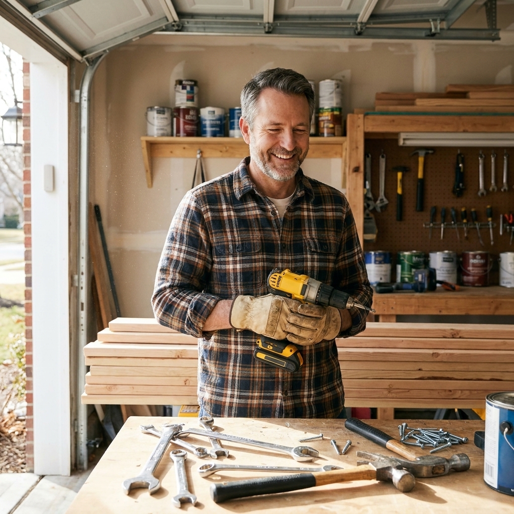 A DIYer in a garage workshop holding a cordless drill beside a cluttered workbench with hand tools and neatly stacked lumber, natural light coming through an open garage door
