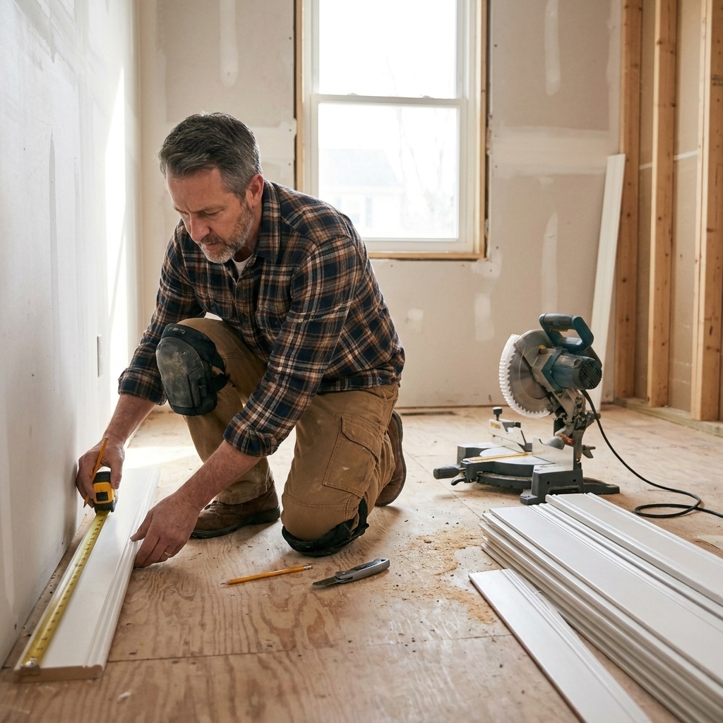 A DIYer kneeling on a living room subfloor measuring for new baseboard trim during a home renovation, with a tape measure, pencil, and miter saw visible nearby