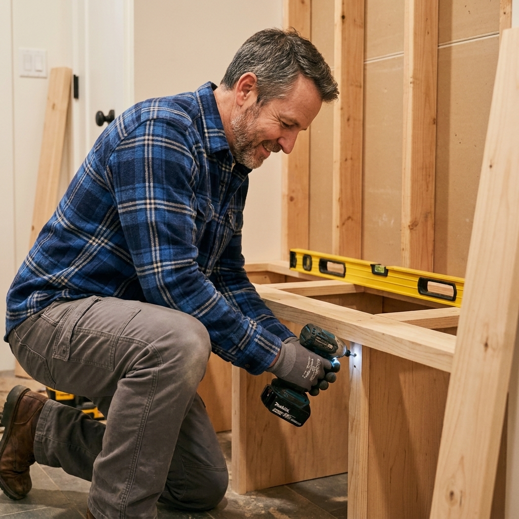 A DIYer using a drill to fasten a mudroom bench base into wall studs while a level rests on the bench top area