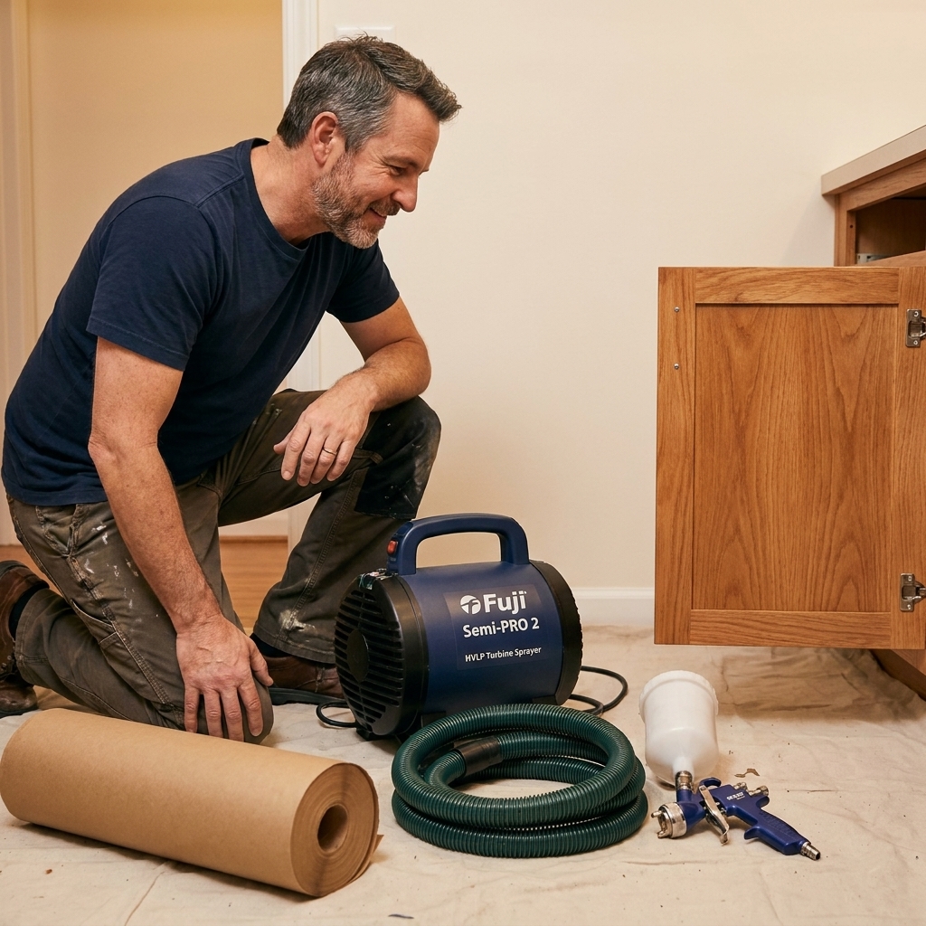 A Fuji Semi-PRO 2 turbine HVLP sprayer with hose and spray gun laid out next to masking paper and a cabinet door
