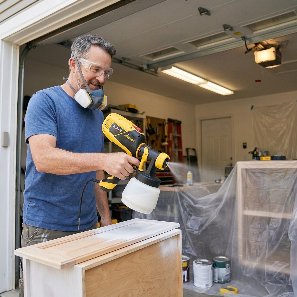 A Wagner FLEXiO 590 handheld sprayer being used to spray primer on a cabinet drawer front in a well-ventilated garage