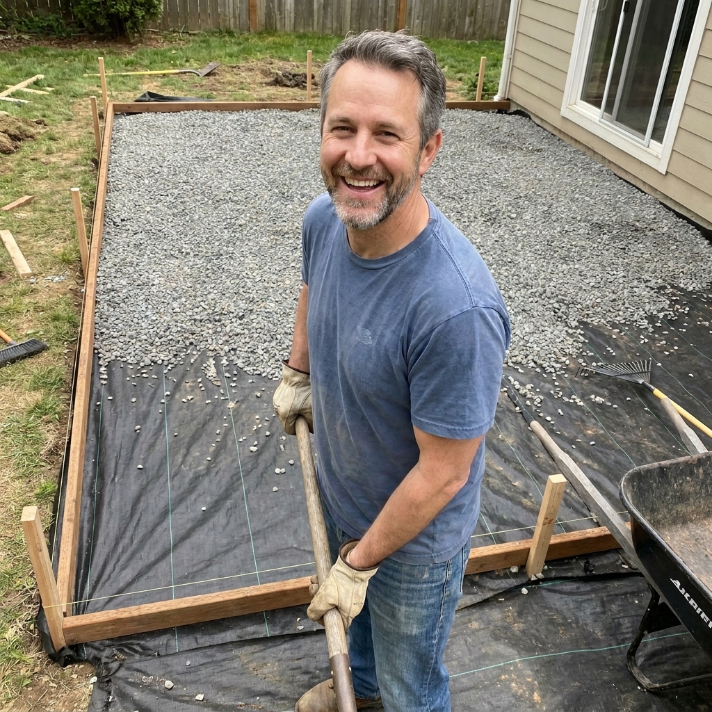 A backyard area prepped for a low deck with weed barrier fabric laid flat and a layer of gravel spread evenly