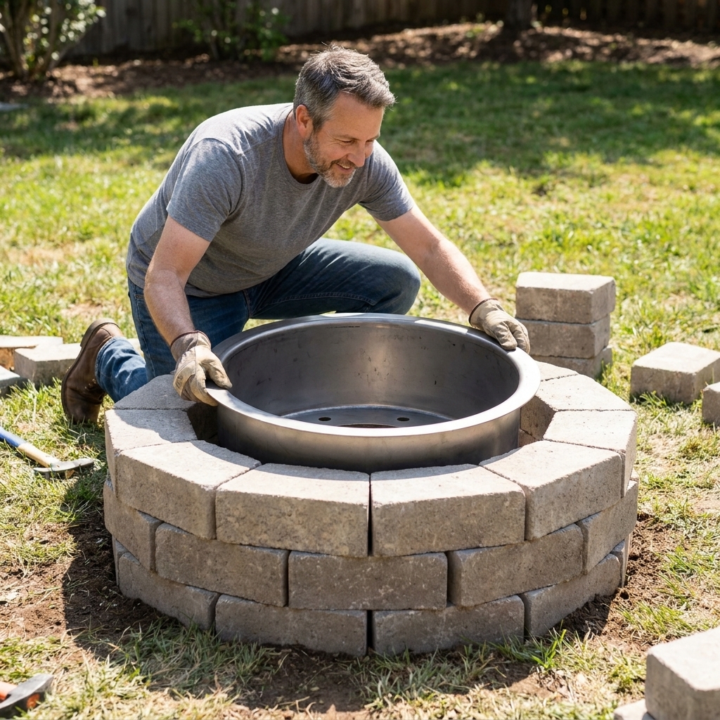 A backyard fire pit surround built from stacked concrete blocks, showing staggered joints and a round steel insert being test-fitted