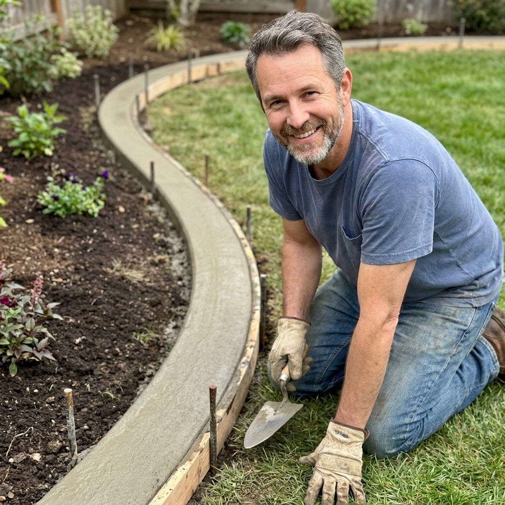 A backyard garden bed with a freshly poured narrow concrete border forming a smooth curve between lawn and planting bed, with wooden forms and stakes visible