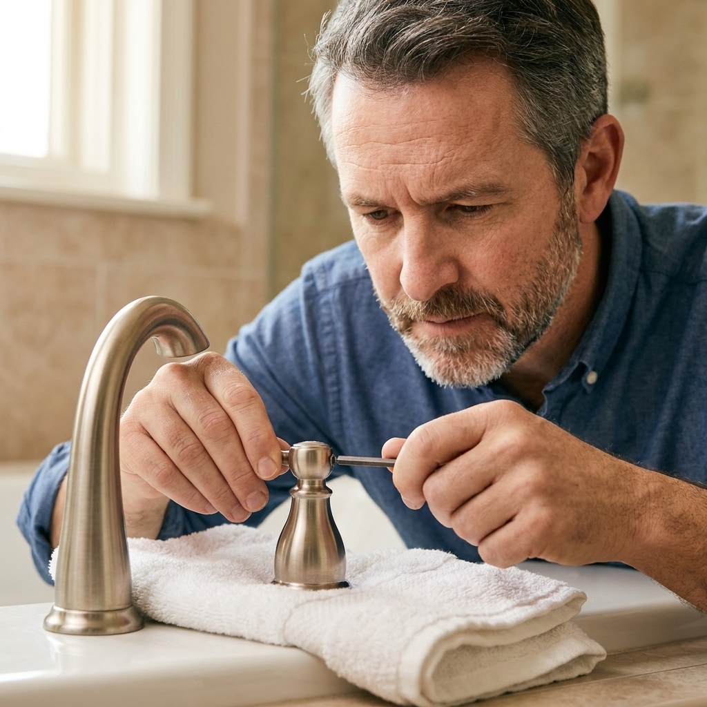 A bathroom faucet handle being loosened with a small hex key while a towel protects the sink surface