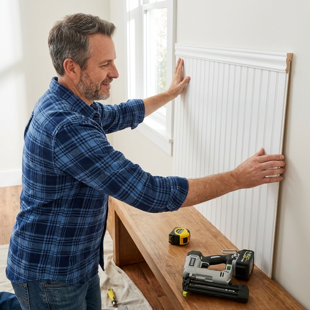 A beadboard panel being positioned on an entryway wall above a bench, with a brad nailer and tape measure on the floor nearby