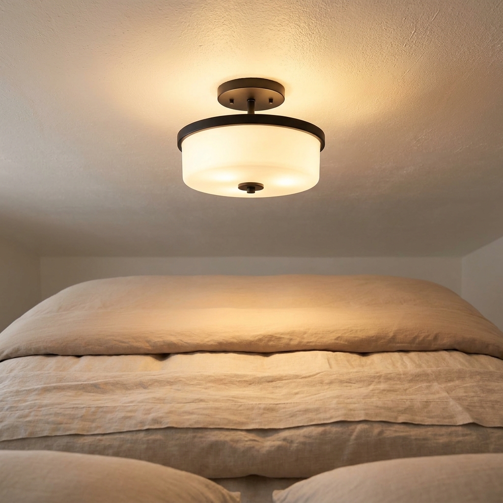 A bedroom ceiling with a simple modern semi-flush mount light turned on, casting warm light over a neatly made bed