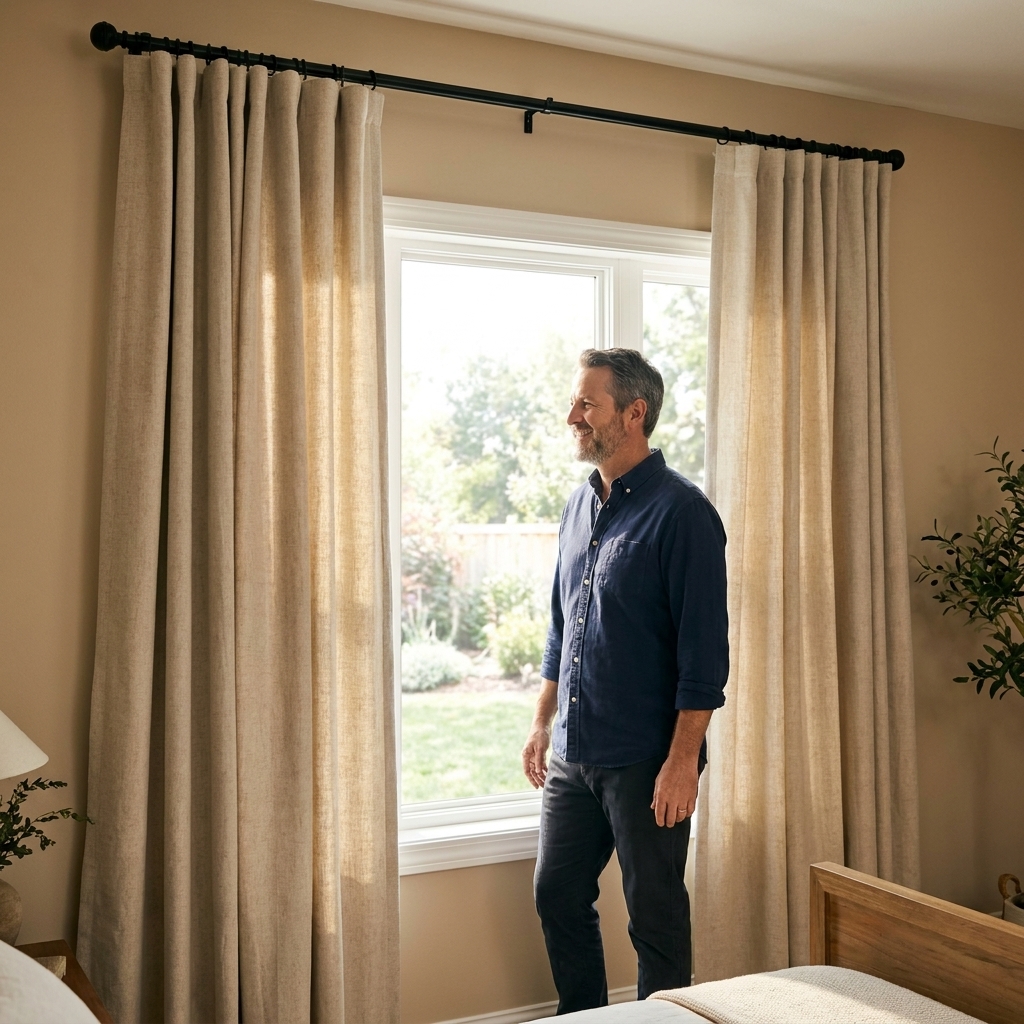 A bedroom window with curtain rod mounted high and wide, linen-style blackout curtains pulled open to reveal the full window