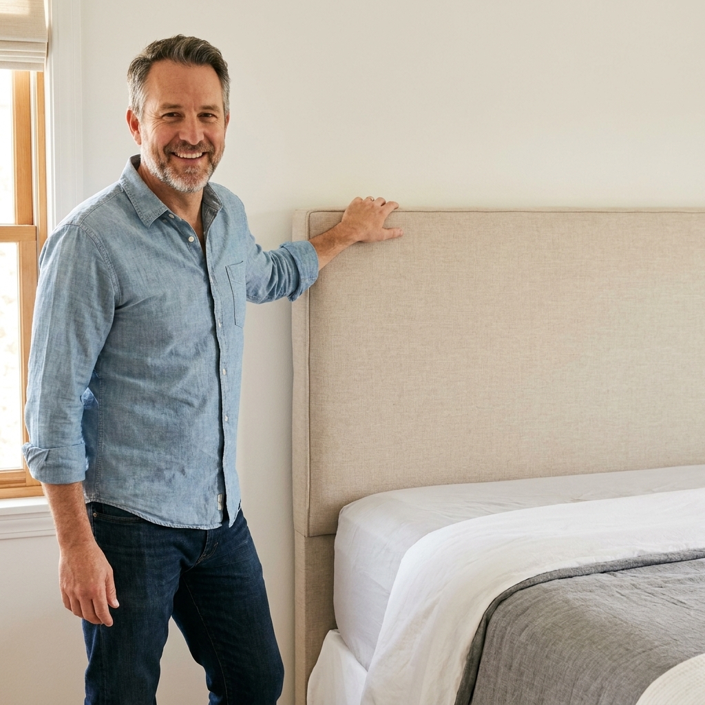A bedroom with a newly installed DIY upholstered headboard in neutral fabric, mounted behind the bed with clean edges and modern styling
