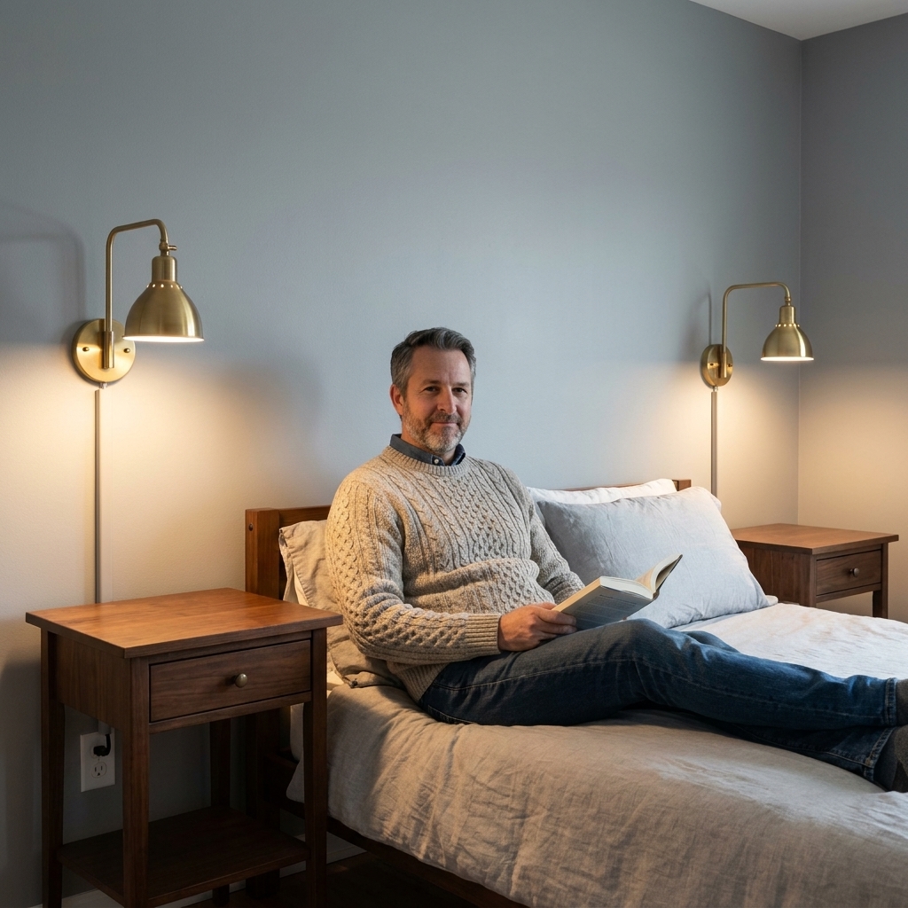A bedroom with two wall-mounted plug-in sconces installed above matching nightstands, cords neatly concealed in paintable cord channels