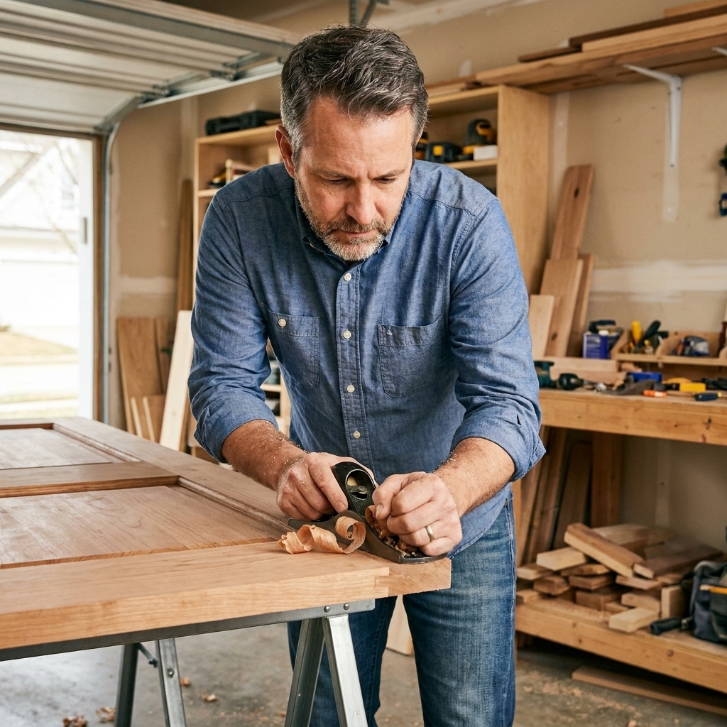 A block plane taking a thin shaving off the edge of a wood interior door resting on sawhorses in a garage