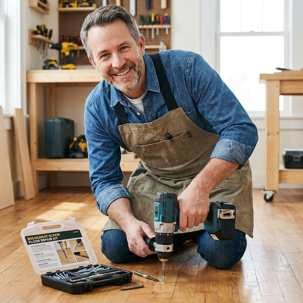 A breakaway screw floor repair kit next to a drill and a depth guide collar