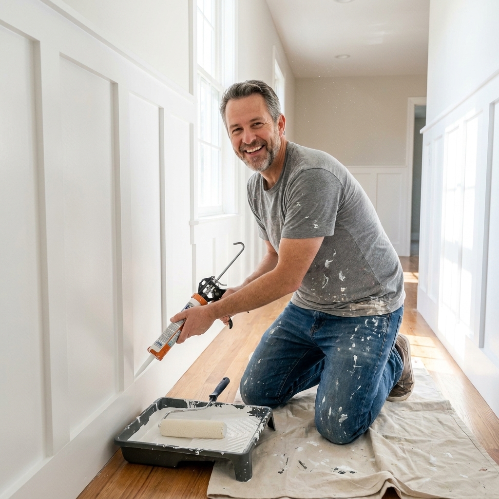 A bright hallway with freshly installed white board-and-batten wainscoting, clean caulk lines, and a roller tray on the floor during a weekend DIY project