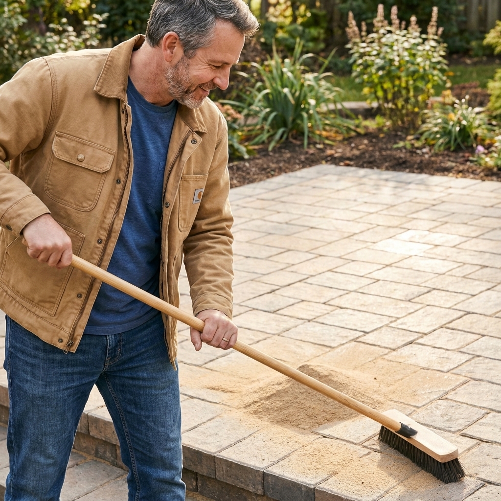 A broom pushing polymeric sand across a newly laid paver walkway, filling the joints while the paver surface remains clean