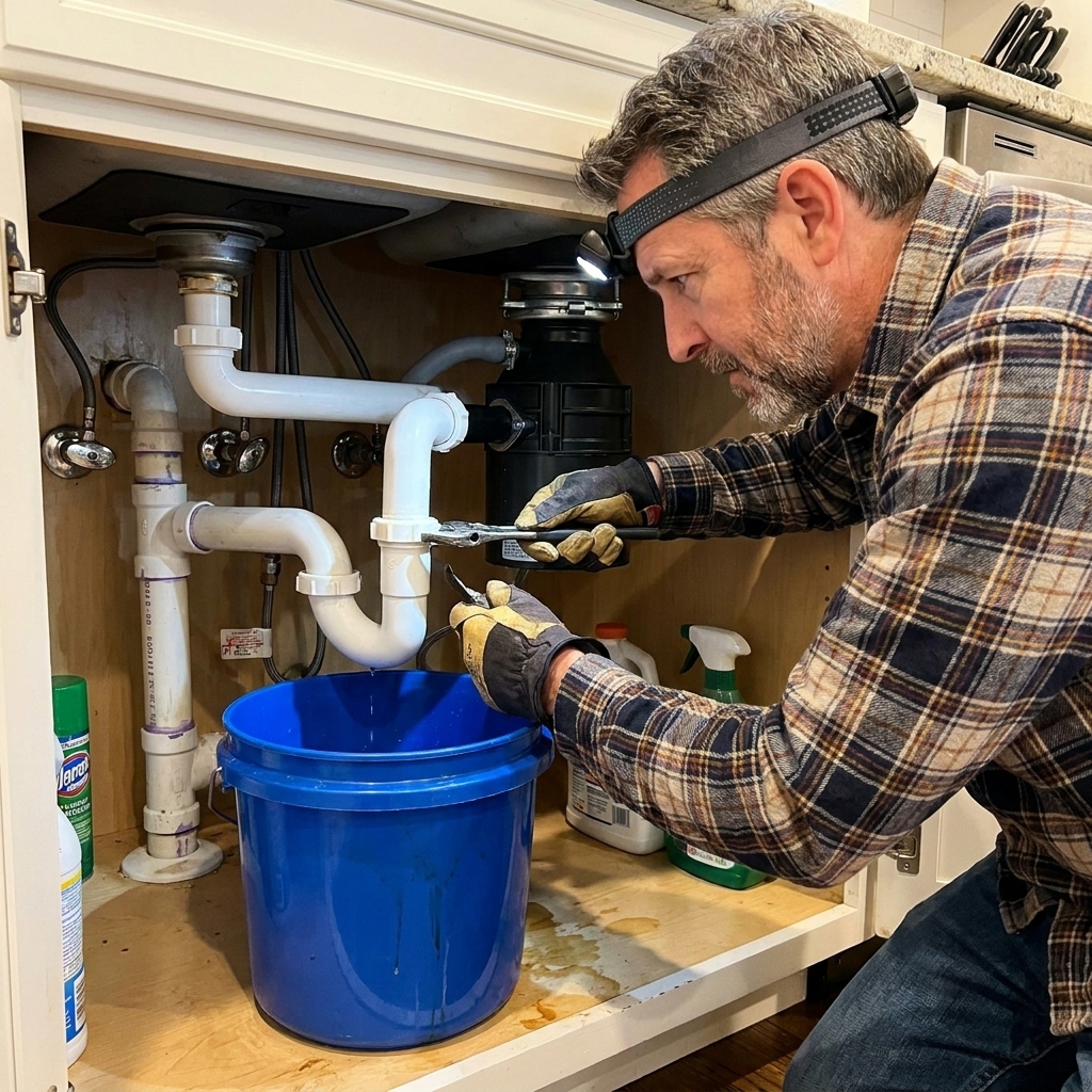 A bucket placed under a kitchen sink P-trap while a homeowner loosens the slip nuts, showing a realistic under-sink plumbing setup
