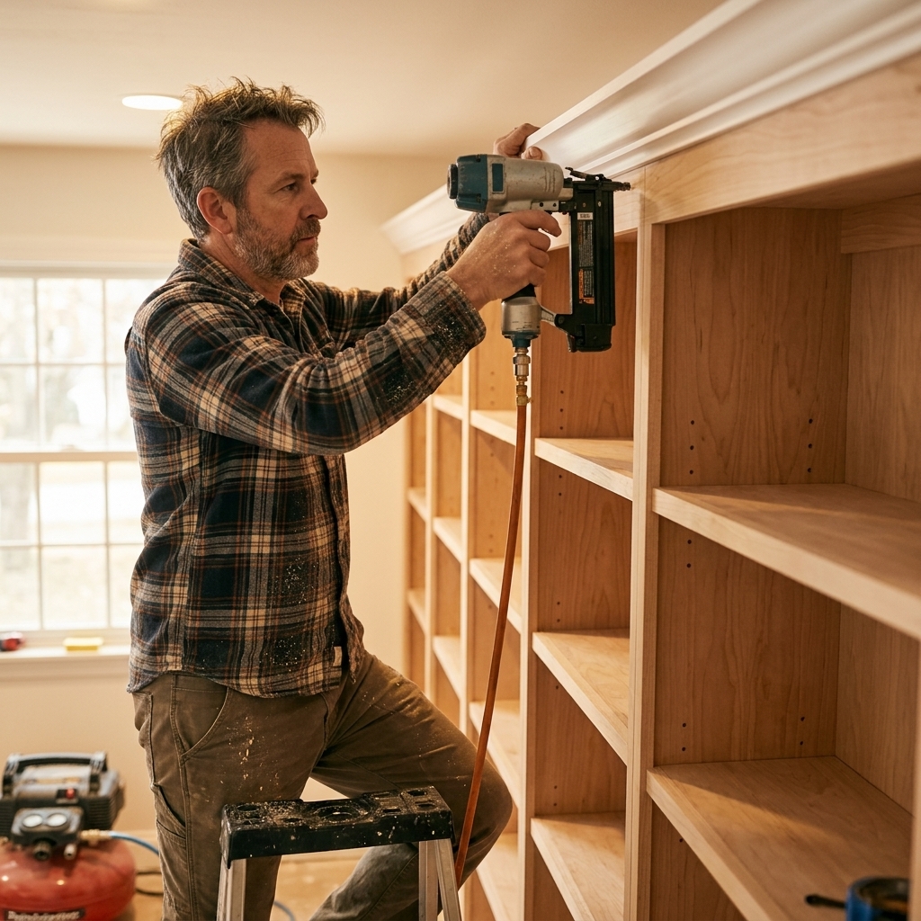 A carpenter fastening white crown molding at the top of a newly built bookcase wall unit using a brad nailer