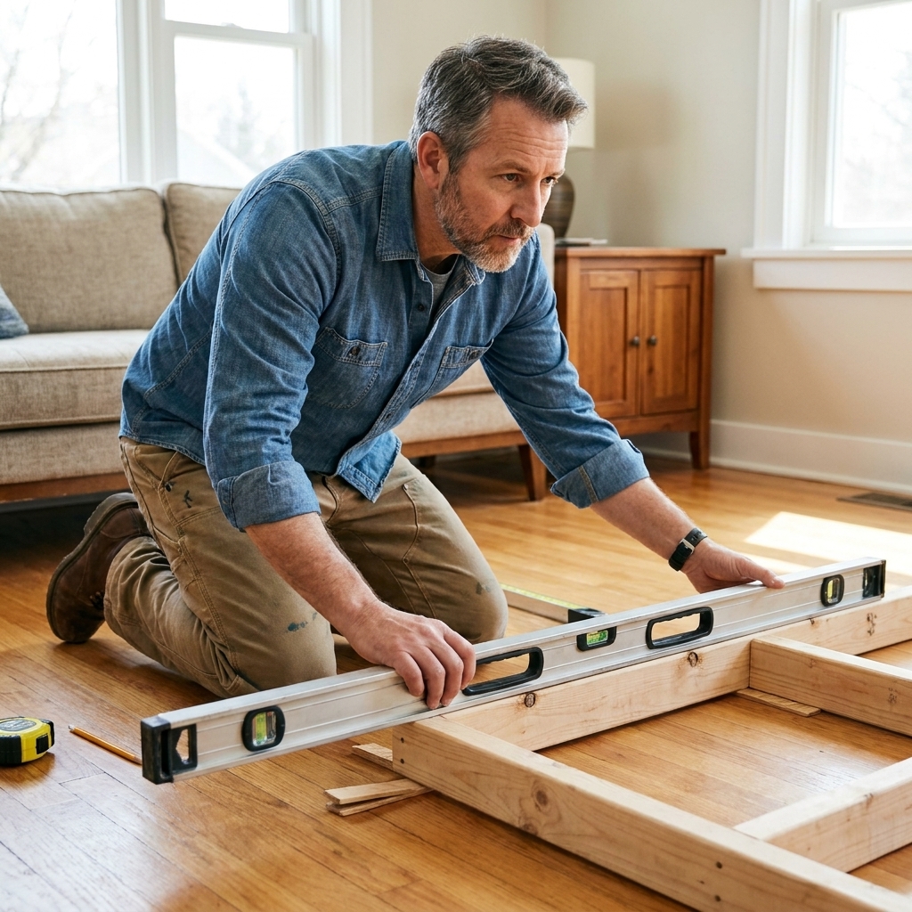A carpenter using a long level on a 2x4 platform base frame on a living room floor, with wood shims visible under the frame
