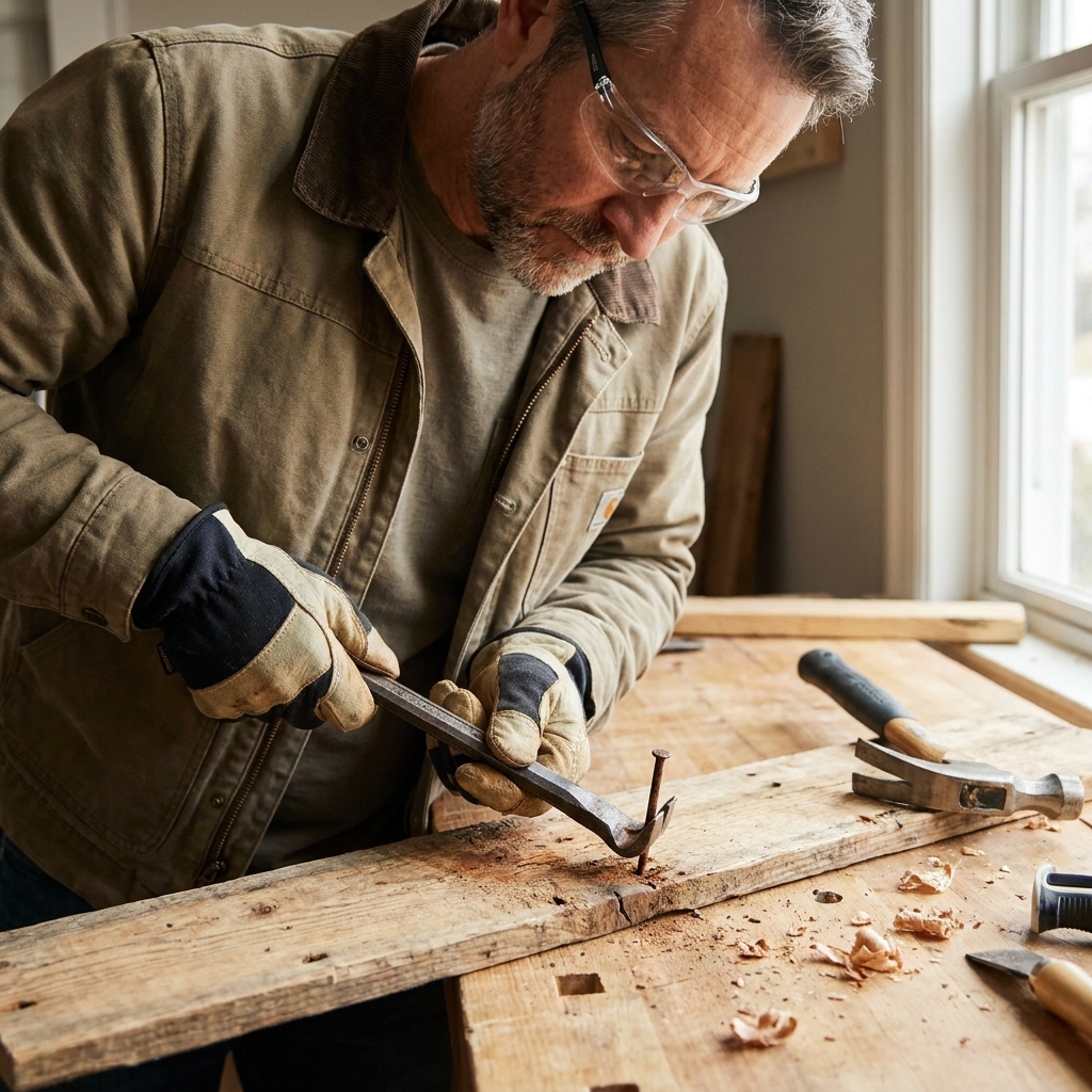 A cat's paw nail puller gripping a nail in a reclaimed pallet board on a workbench, with a hammer nearby
