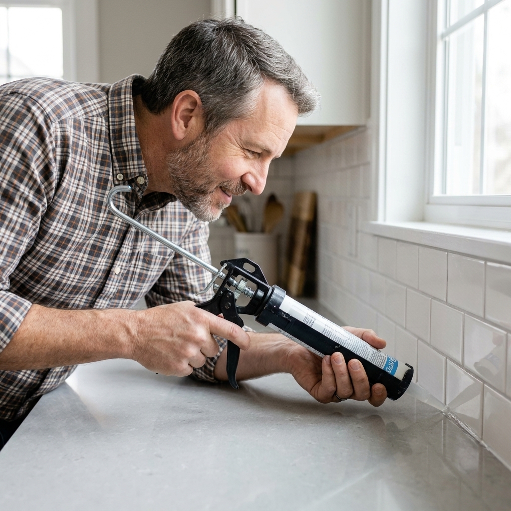 A caulk gun applying a smooth bead of clear silicone where a tiled backsplash meets a countertop