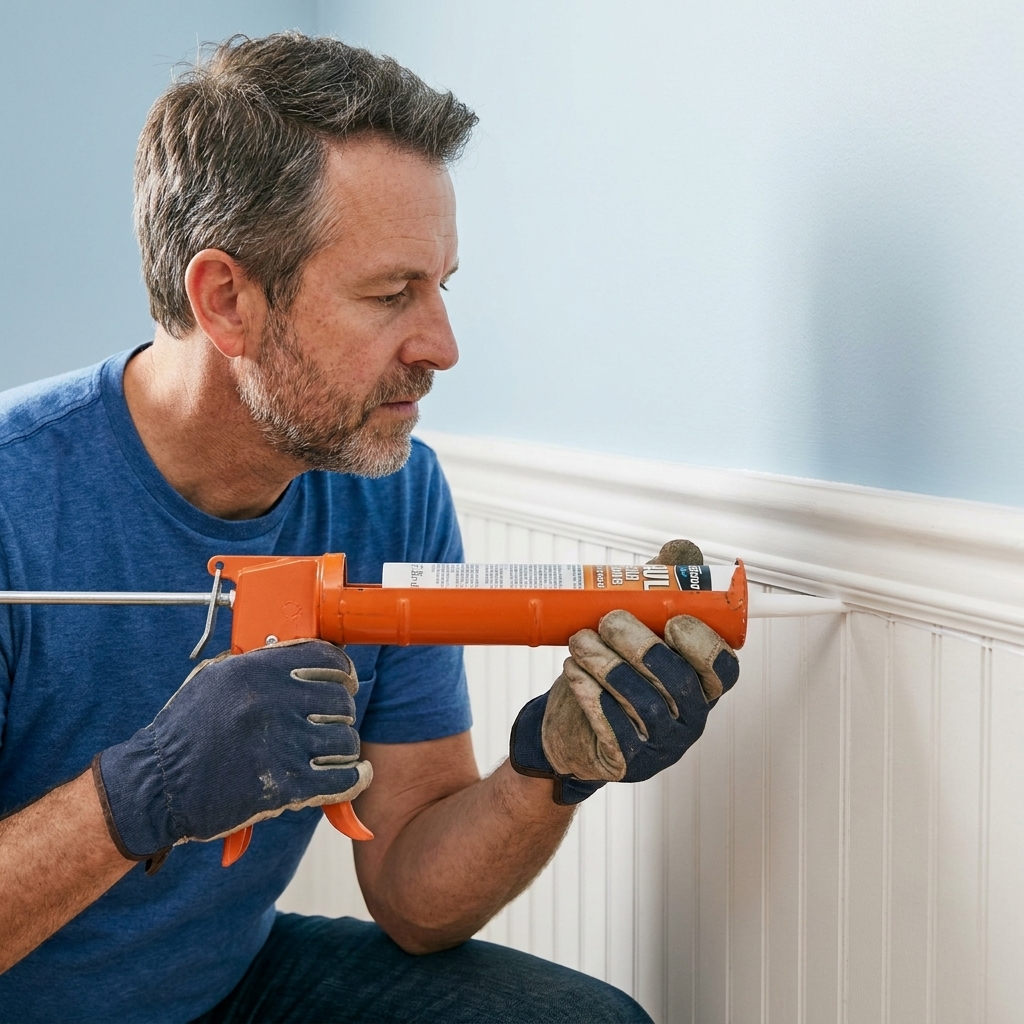 A caulk gun applying a thin bead of caulk along the seam between beadboard trim and a painted wall