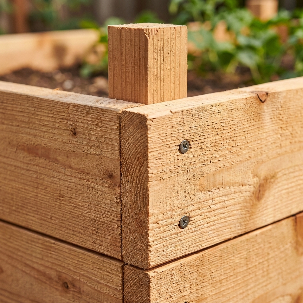 A cedar raised garden bed corner showing a 2x2 cedar stake inside the frame with exterior screws driven through the side boards