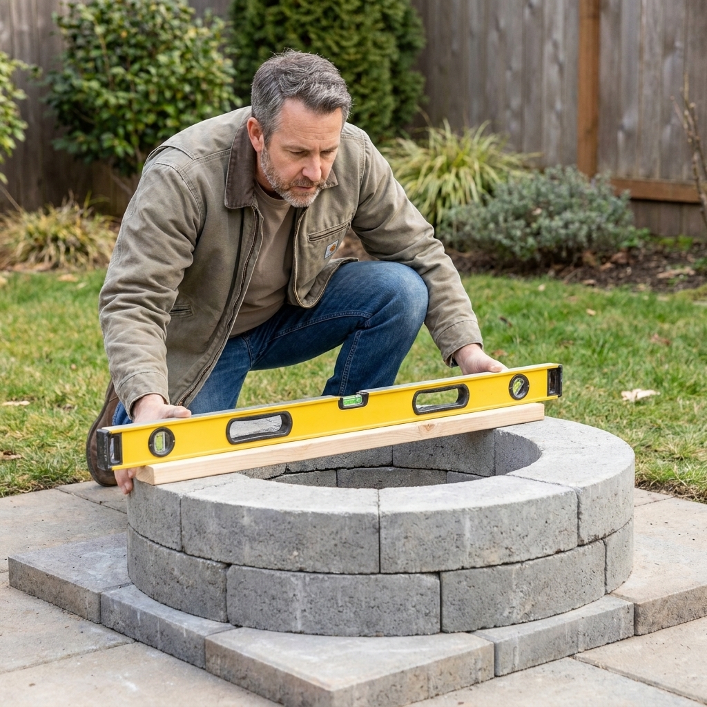 A circular first course of concrete fire pit blocks dry-fitted on a paver base, with a level resting across the ring