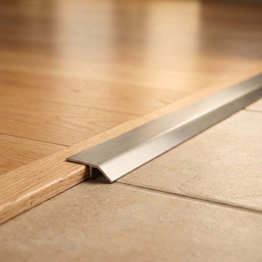 A clean new floor transition strip installed between hardwood and tile, creating a neat finished edge