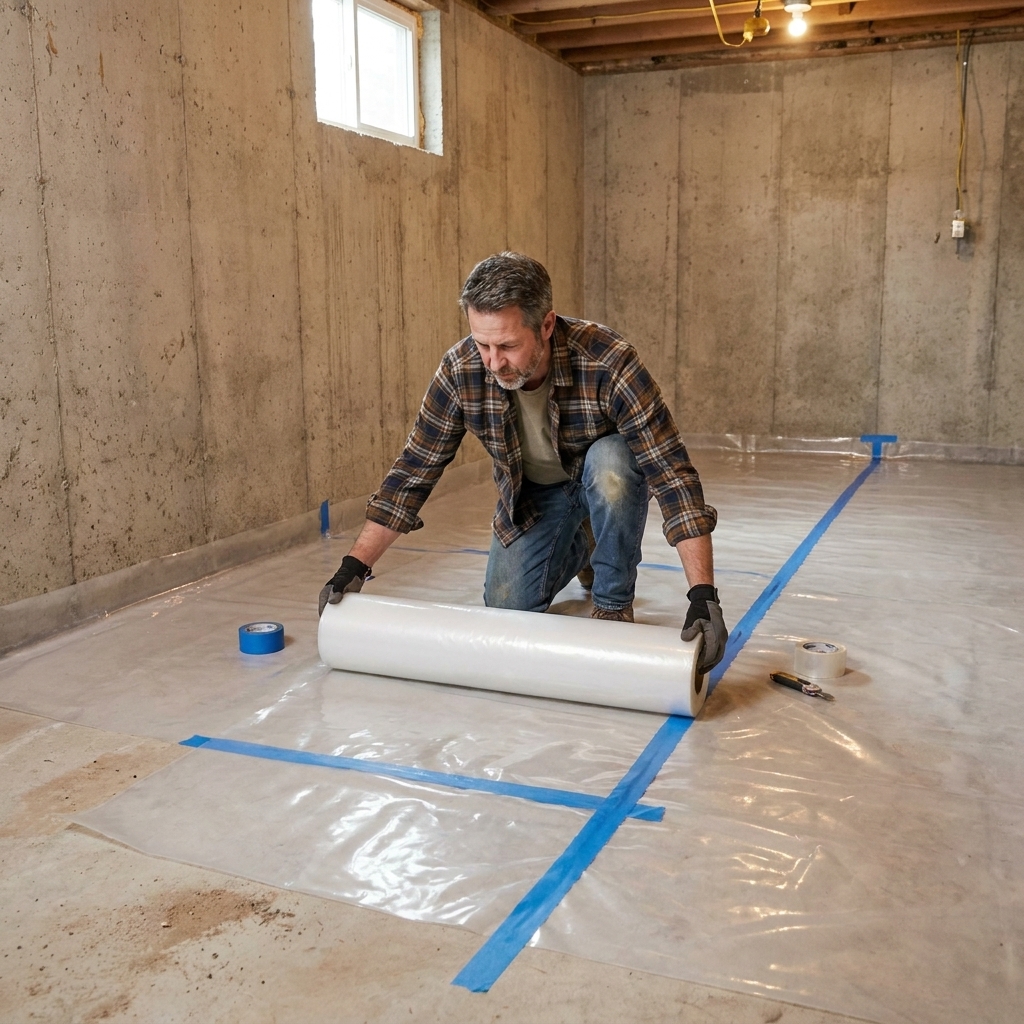 A clear polyethylene vapor barrier being rolled out over a basement concrete slab, with taped seams and edges turned up slightly at the wall