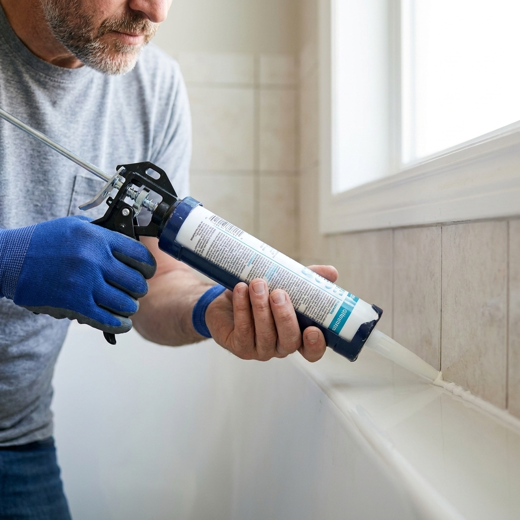 A close-up of a homeowner applying fresh white silicone caulk along a bathtub surround seam with a caulk gun