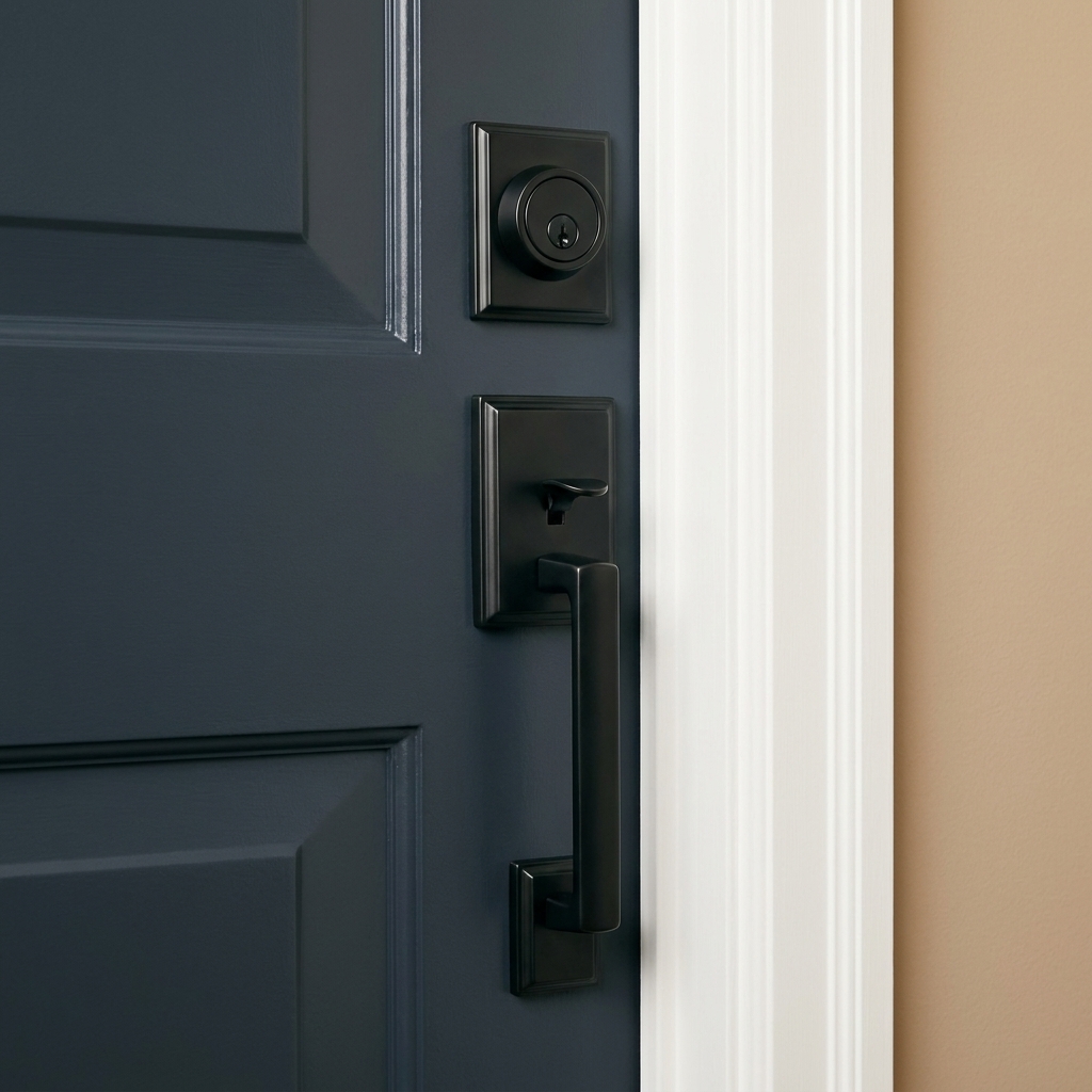 A close-up of a modern black front door handle set and deadbolt installed on a freshly painted door with clean trim lines
