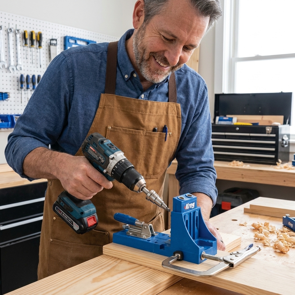 A close-up of a pocket hole jig clamped to a board on a workbench with a drill bit ready to bore pocket holes, showing a tidy DIY workshop