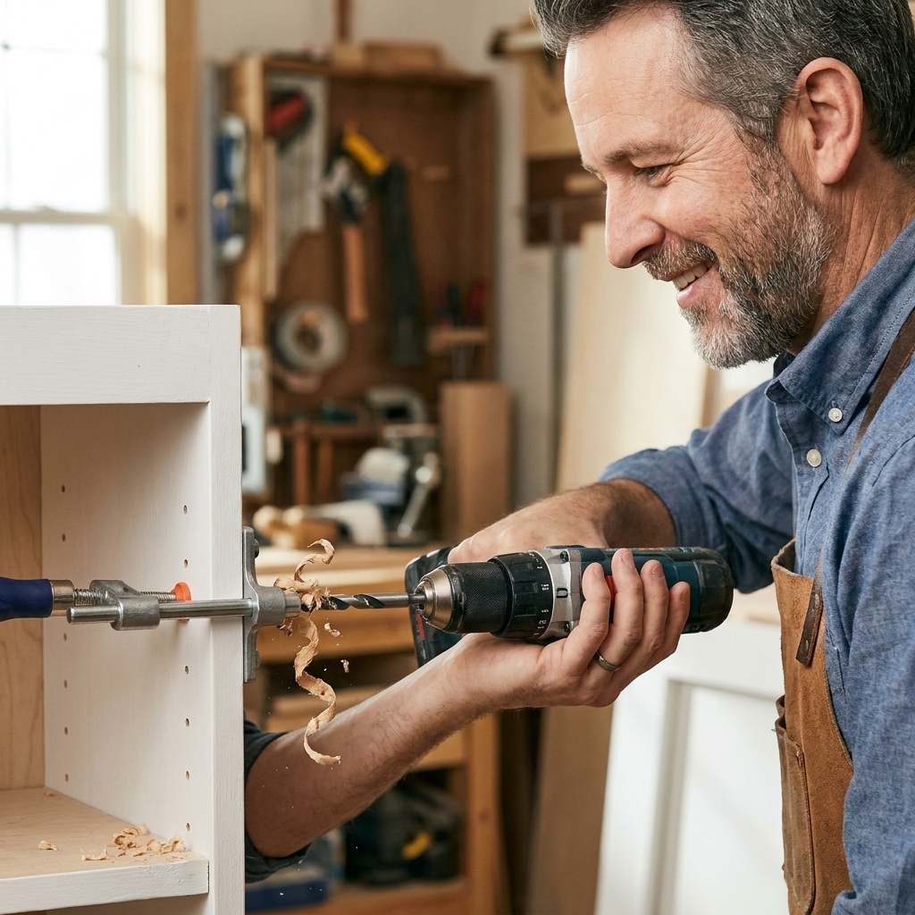 A close-up of a shelf pin drilling jig clamped to a white bookcase side panel, with a drill making evenly spaced holes