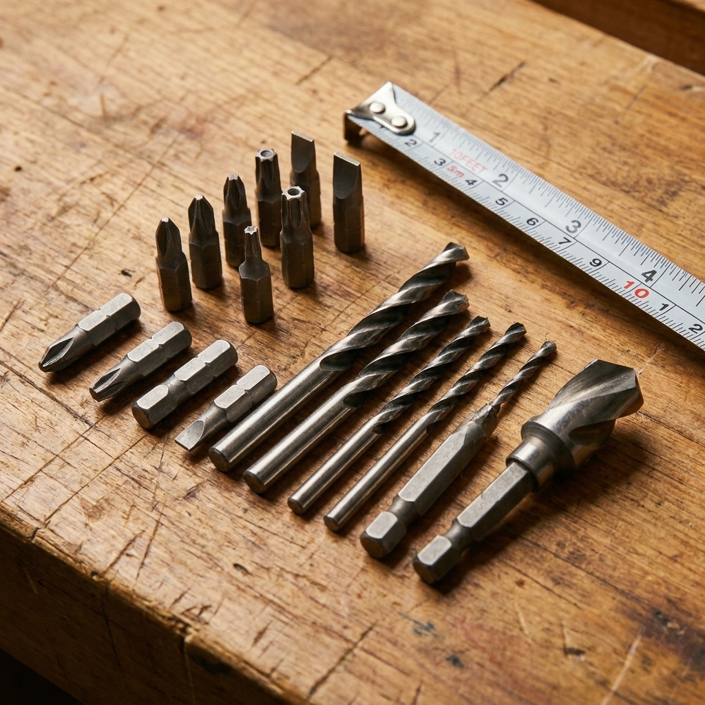 A close-up of assorted driver bits, hex-shank drill bits, and a countersink bit laid out on a wooden workbench next to a tape measure