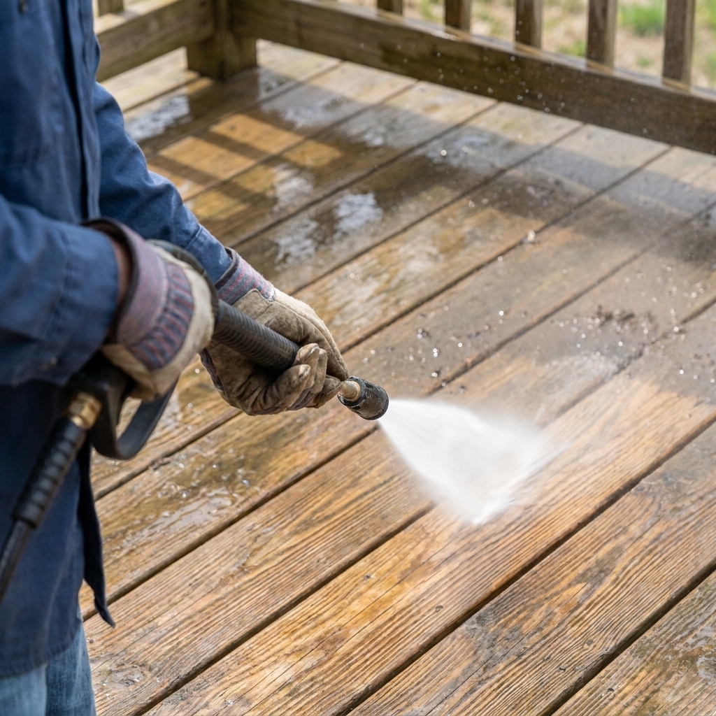 A close view of a pressure washer wand rinsing wooden deck boards in long strokes along the grain