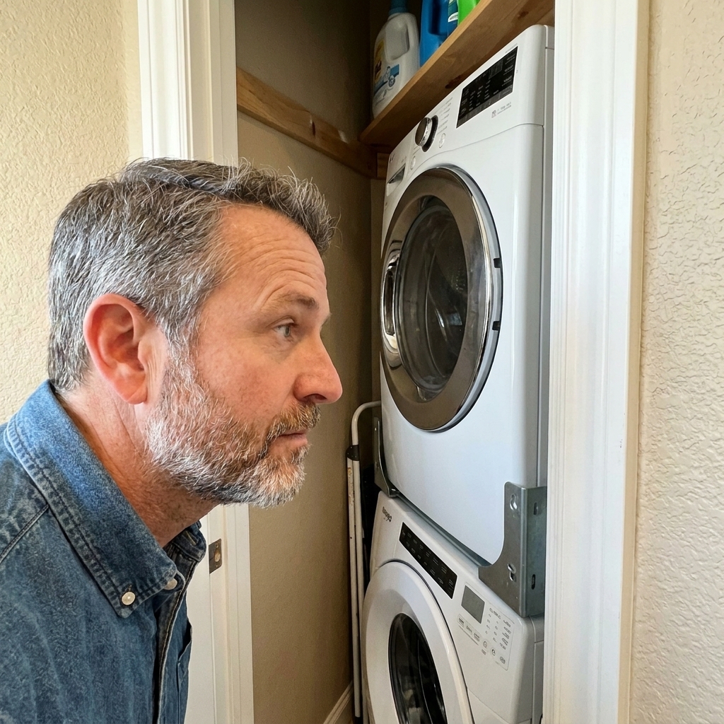 A close view of a stacked washer and dryer with a manufacturer stacking bracket installed between the units in a tight laundry space