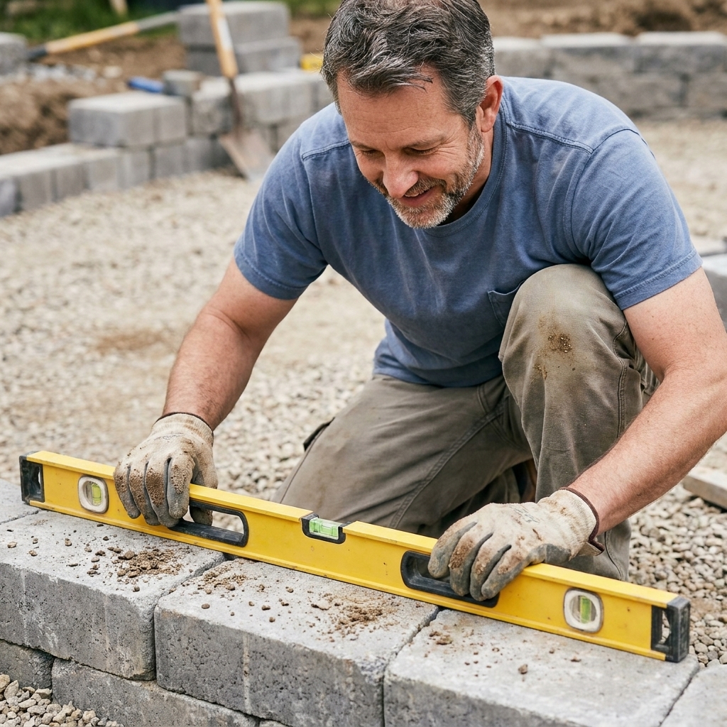 A close view of the first course of concrete retaining wall blocks being leveled with a 4-foot level on a compacted gravel base