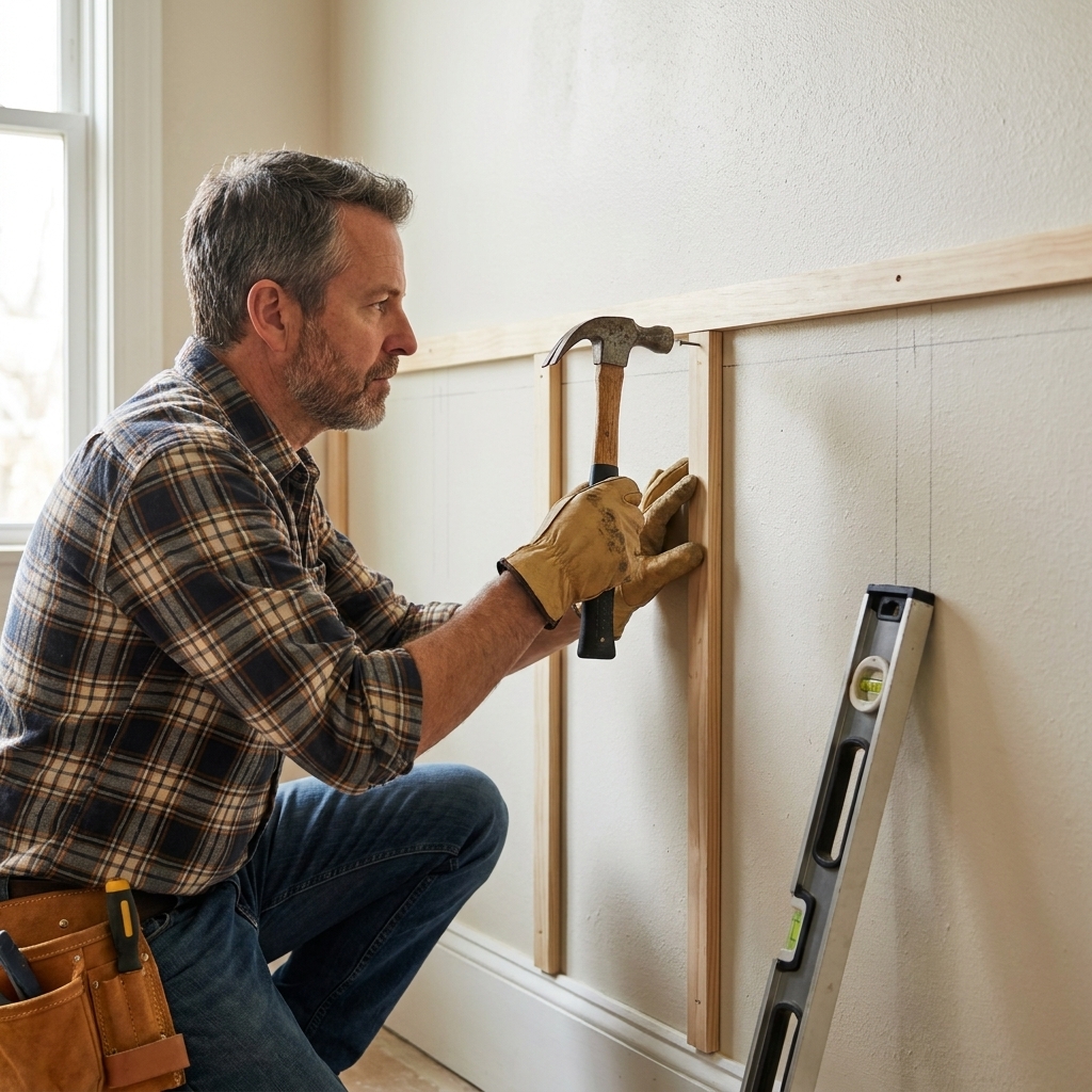 A close view of vertical battens being installed between a baseboard and a top rail, with pencil layout marks visible and a level leaning against the wall