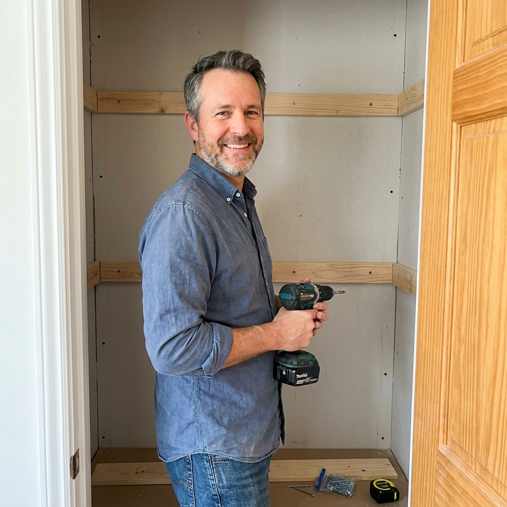 A closet interior with wooden cleats screwed into wall studs, ready to support a built-in desk