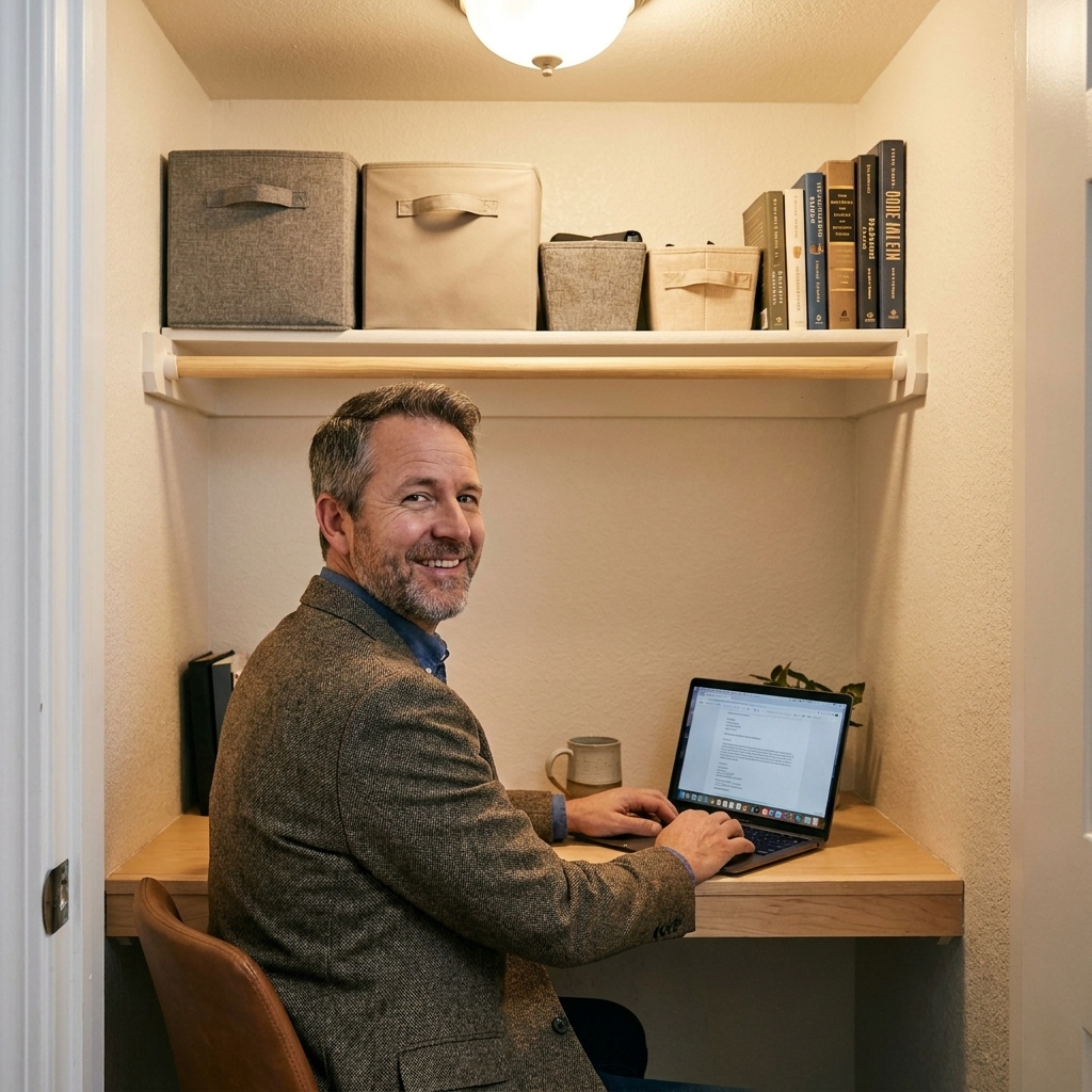 A closet office with a single painted wood shelf mounted above a built-in desk, holding storage bins and books
