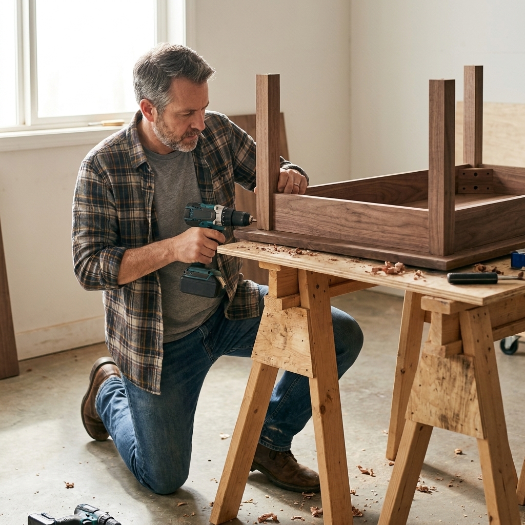 A coffee table base upside down on sawhorses, with square wooden legs being screwed into the corner frame using a drill