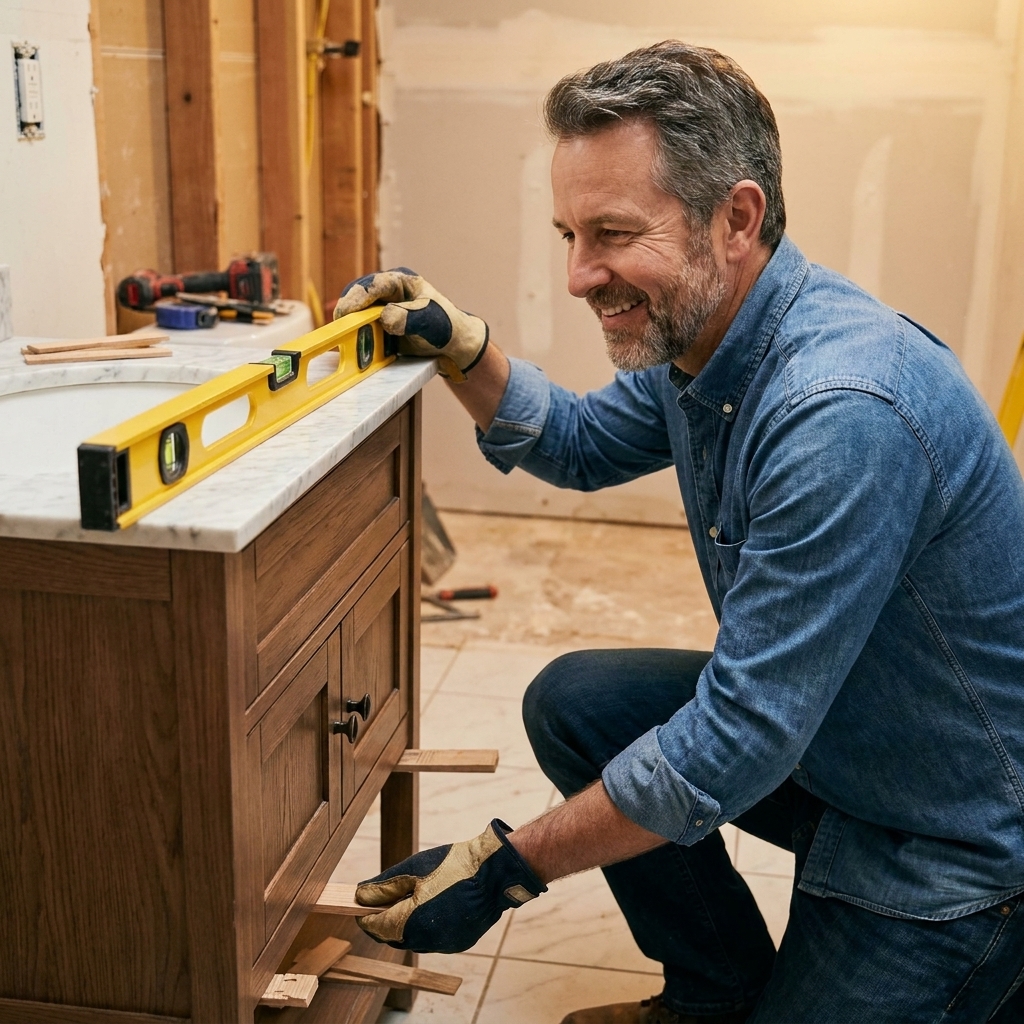 A compact bathroom vanity being leveled with a bubble level on the countertop while wood shims are placed under the base