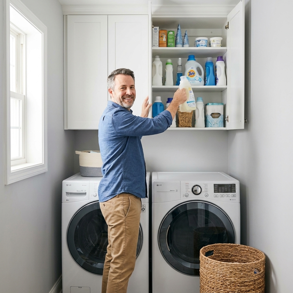 A compact laundry room with upper cabinets installed above a washer and dryer, storing detergent and cleaning supplies neatly