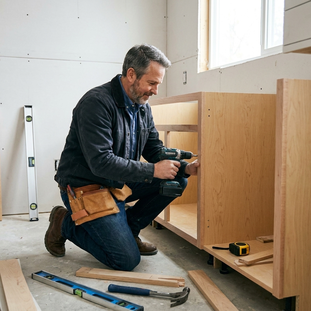 A contractor installing new base cabinets in a kitchen, with bare walls and tools on the floor during renovation