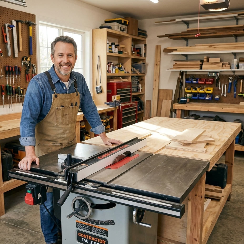 A contractor-style table saw set up in a garage workshop with a rip fence and outfeed support behind it