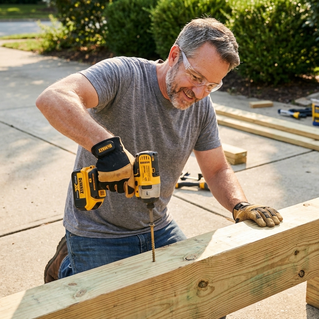 A cordless impact driver driving a structural screw into thick outdoor lumber on a sunny driveway work area