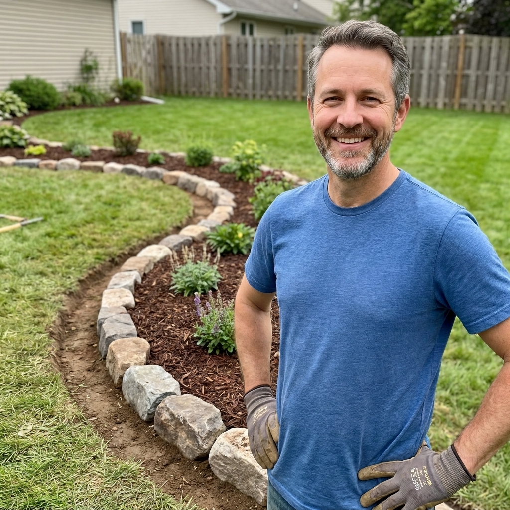 A curved garden bed bordered with natural fieldstones set into a shallow trench, separating lawn from dark mulch in a suburban yard